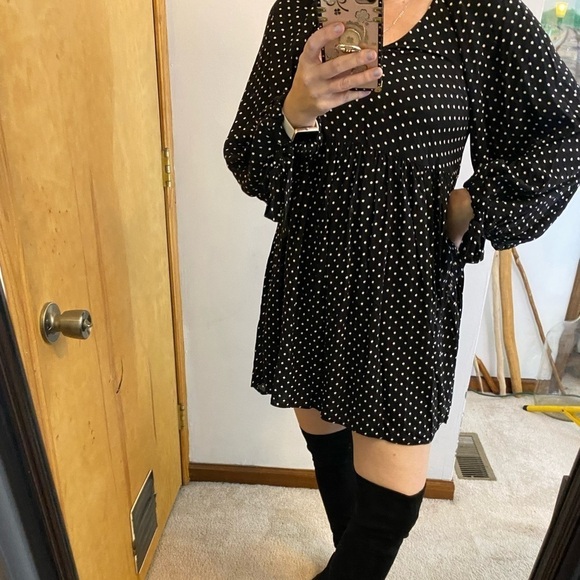 ASOS Design Black and White Polka Dot Tie Sleeve Babydoll Dress - Picture 1 of 13
